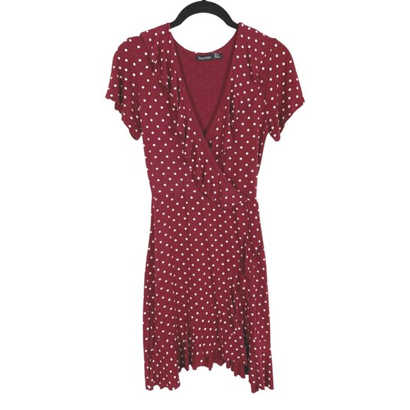 Boohoo Dresses & Skirts - Flirty Polka Dot V-Neck Foux Wrap Mini Dress w/ Frilly Trim& Tie Back